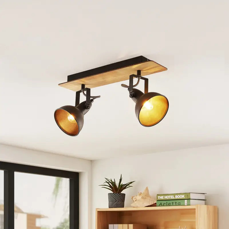 Lindby taklampa Aylis, 2 lampor, 40 cm, svart, trä, E14 Billigare