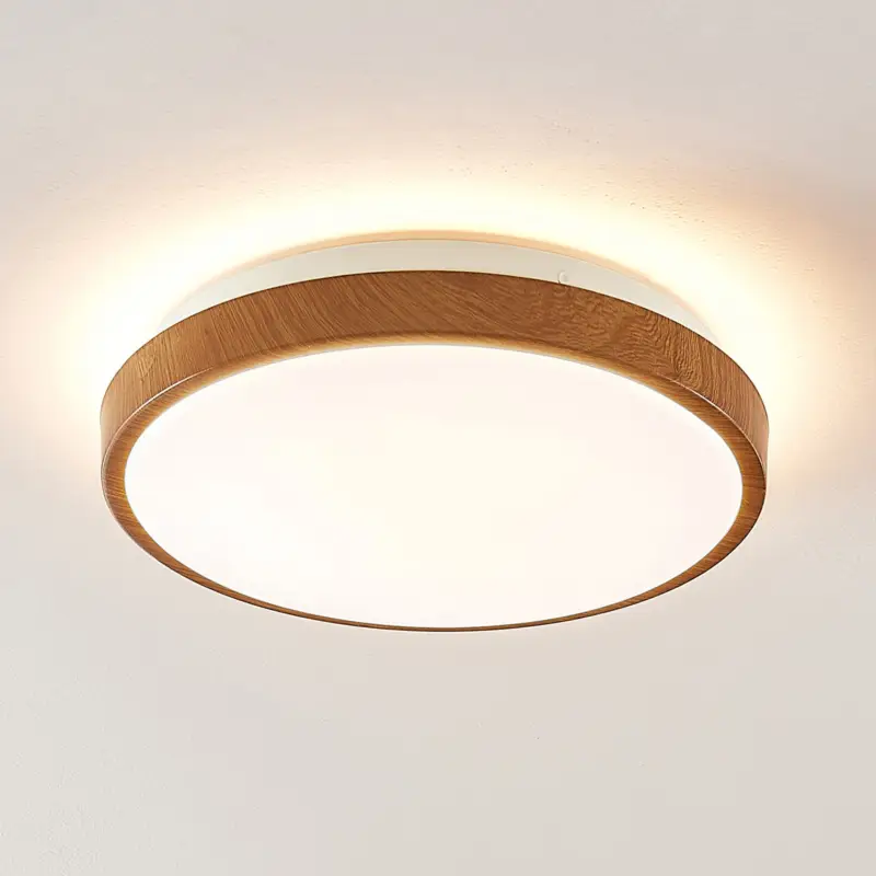 Lindby LED-taklampa Mendosa, rund, ljust trä, Ø 29cm Snabb leverans