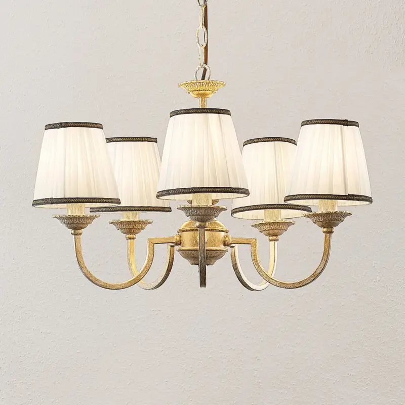 Rabatt Lindby ljuskrona Lumiel, 5 flg, kräm/mässing, textil
