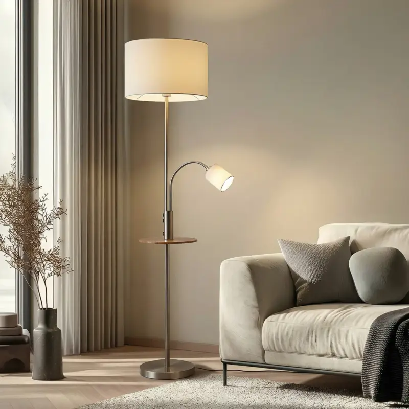 Lindby golvlampa Aovan, nickelfärgad, avställningshylla, USB-anslutning Rabatt