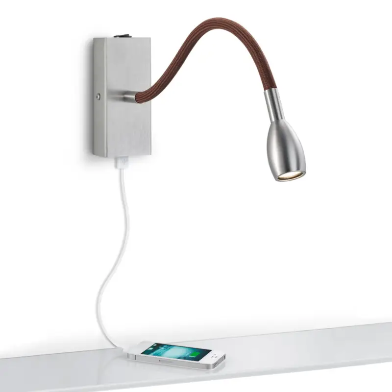 Mattgrå LED-vägglampa Milos med brunt tyg Nedsatt pris