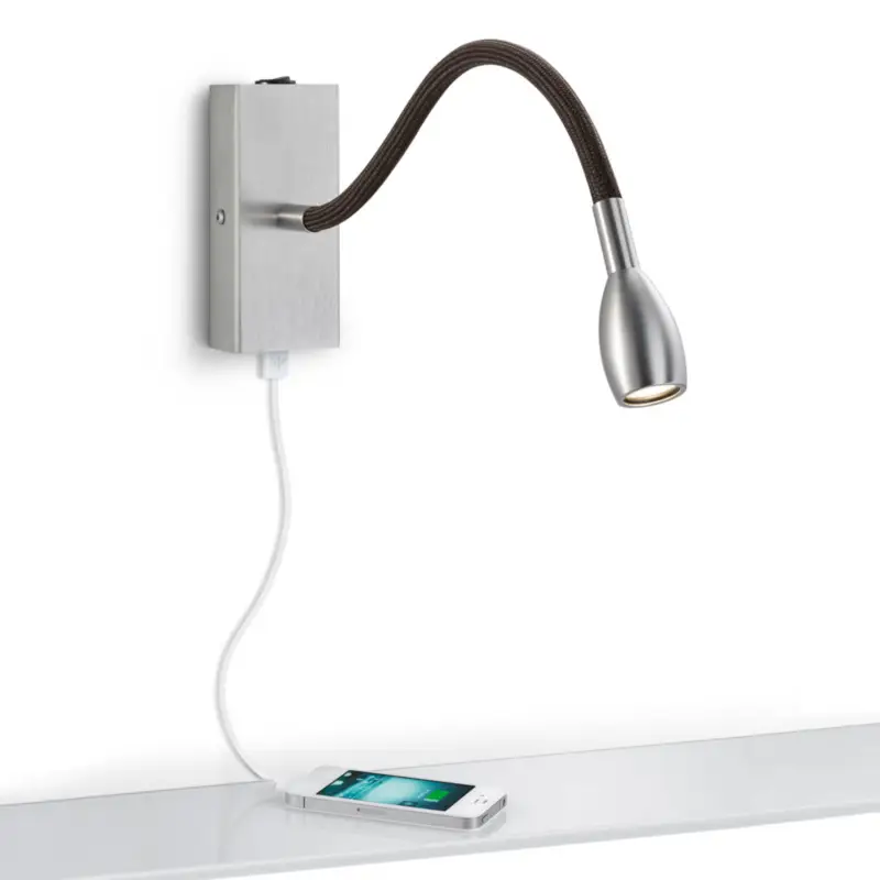 Milos LED-vägglampa i nickel med USB-laddningsport Billigare