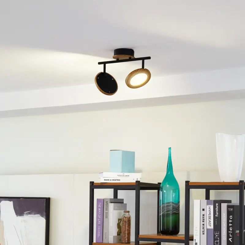 Beställ nu Lindby LED-spotlight Manel, trä, 37 cm lång, 2 lampor