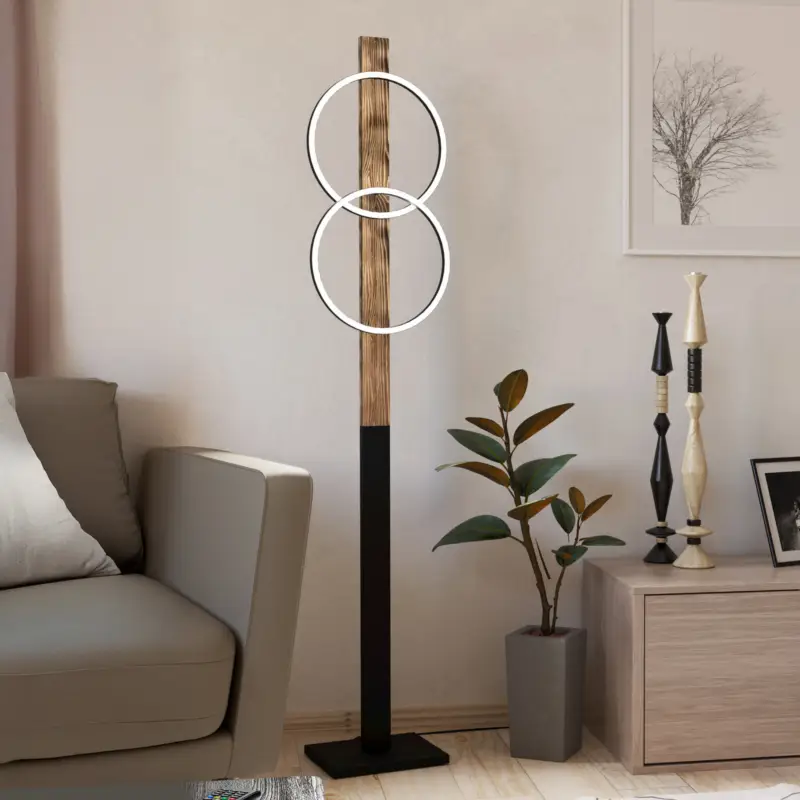 LED-golvlampa Boyal, brun, höjd 150 cm, trä, 2 lampor. Populärt val