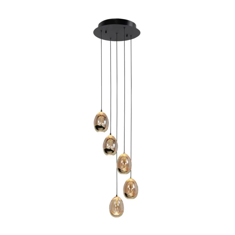 Expressleverans Hänglampa Golden Egg, bärnsten/guld Ø 30 cm 5 lampor glas/metall