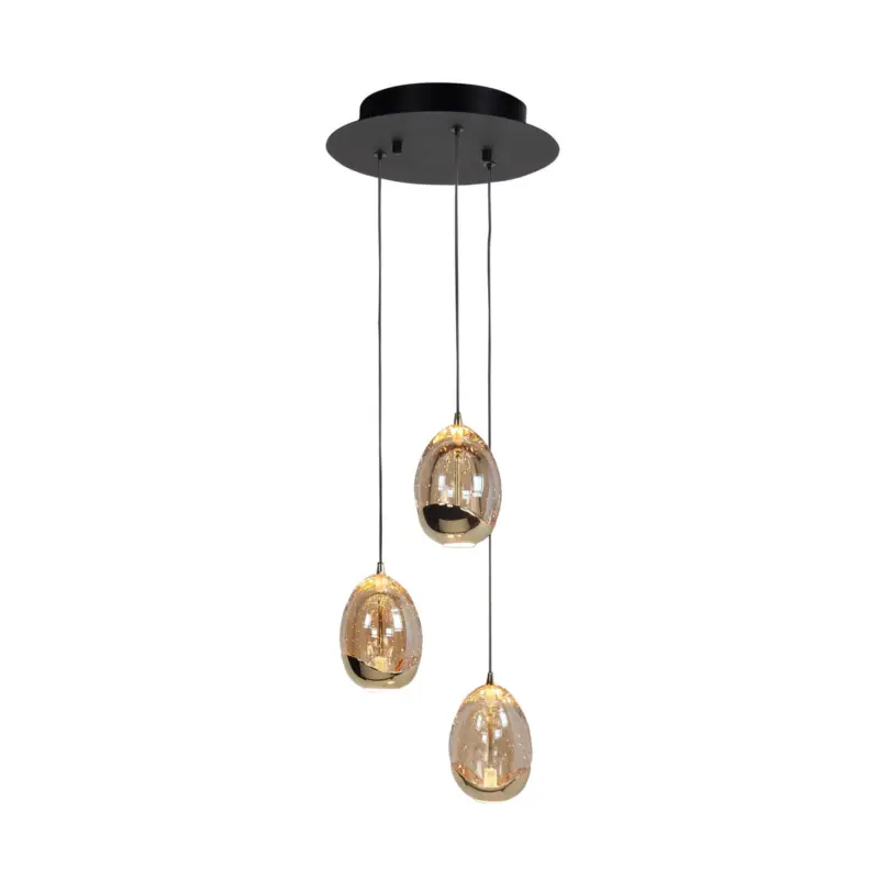 Hänglampa Golden Egg, bärnsten/guld Ø 25 cm 3 lampor glas/metall Snabb leverans