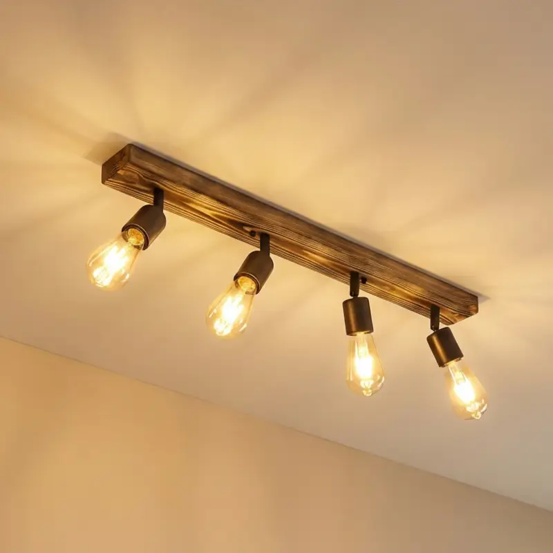Outlet Takspotlight Duarte, 4 lampor, träfärgad/svart, trä