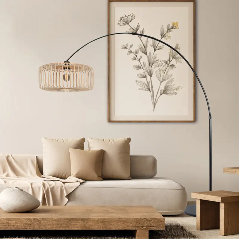 Böjd golvlampa Sparkled Light svart/naturbambu 240 cm Trygg betalning