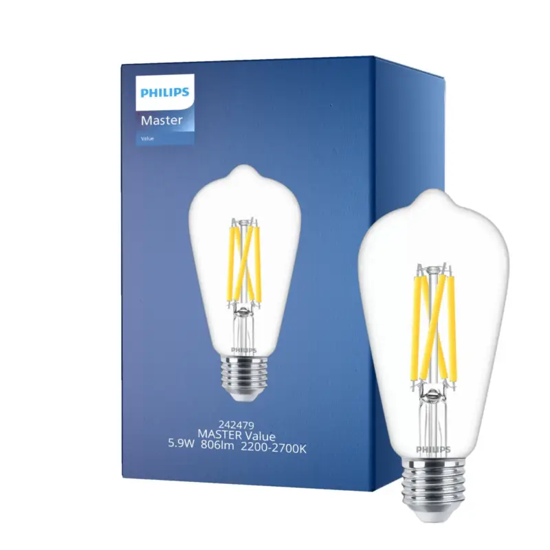 Beställ idag Philips MASTER Value LED Lampa E27 Edison Filament Klar 5.9W 806lm - 922-927 Dim to Warm | Bästa Färgåtergivning - Ersättare 60W