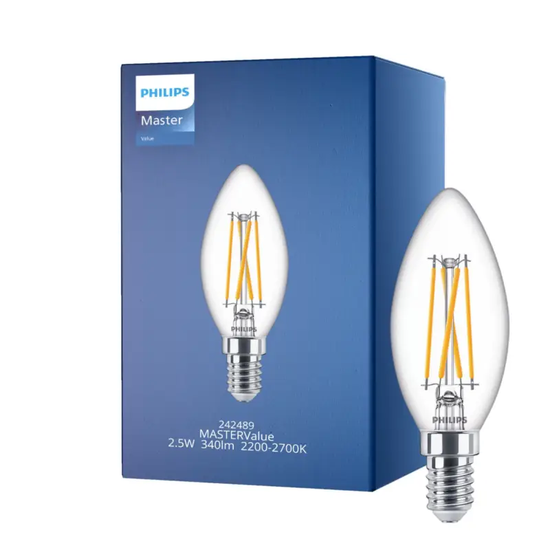 Nedsatt pris Philips MASTER Value LED Kronljus E14 Filament Klar 1.8W 340lm - 927 | Highest Colour Rendering - Dimbar - Ersättare 25W