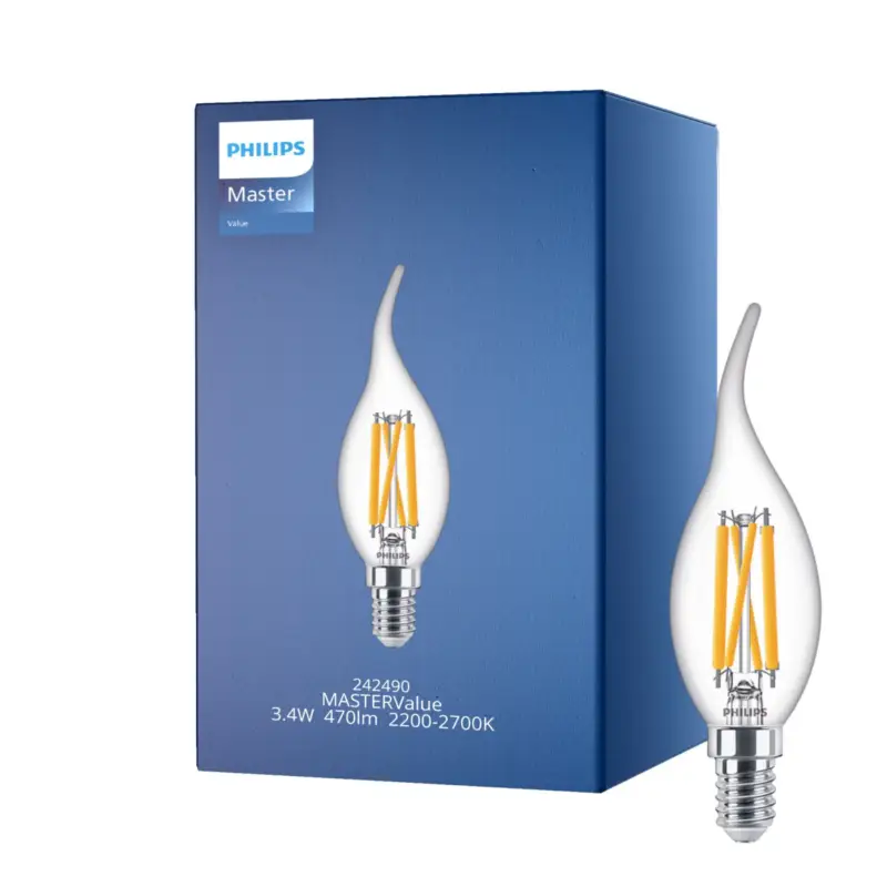 Philips MASTER Value LED Kronljus E14 Bøyd spiss Filament Klar 3.4W 470lm - 927 Extra Varm Vit | Bästa färgåtergivning - Dimbar - Ersättare 25W Säker betalning