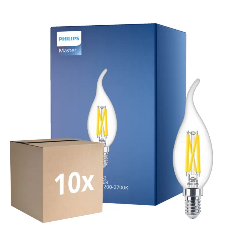 Flerpack 10x Philips MASTER LED E14 Böjd-tip Kronljus Filament Klar 3.4W 470lm - 922-927 Dim To Warm | Bästa Färgåtergivning - Dimbar - Ersättare 40W Trygg betalning