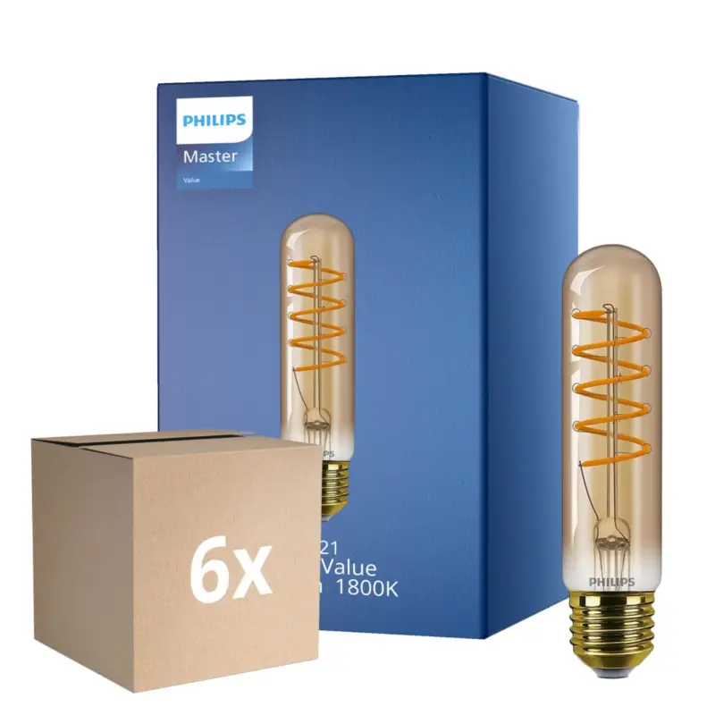 Flerpack 6x Philips MASTER Value LED Lampa E27 Tubular Filament Guld 4W 250lm – 818 Extra Varm Vit | Bästa färgåtergivning - Ersättare 25W Erbjudande